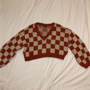 Blue Blush Pitaya Cropped Knit Checker Print Rust Sweater Size Medium